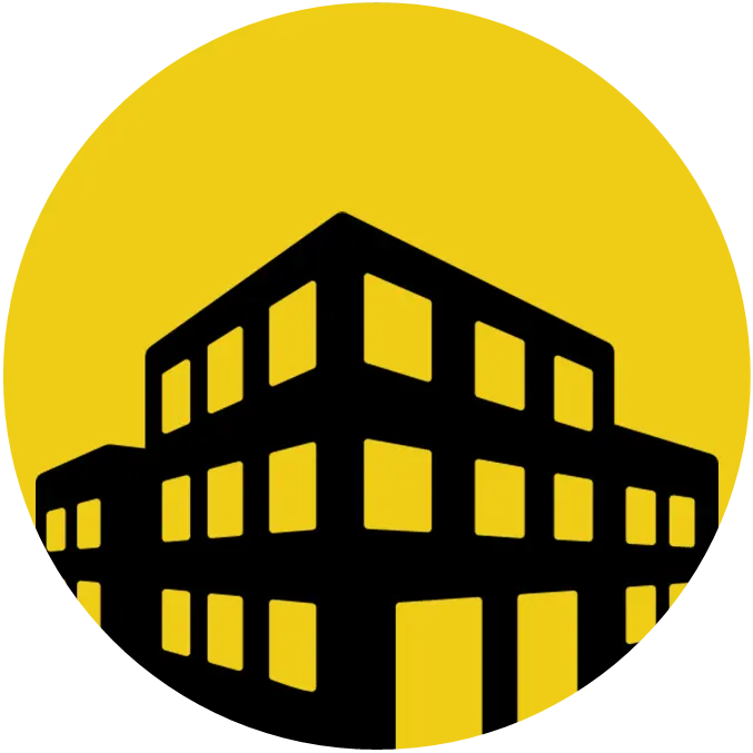 Black Building Silhouette Logo on Yellow Circle Background Sun Pointe Services