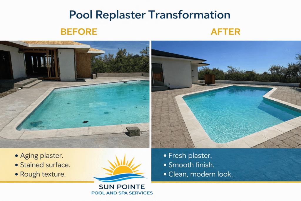 Before and after of a pool replaster